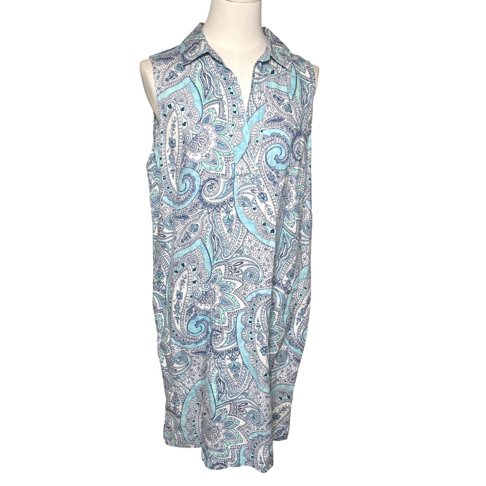Boho Paisley Linen Shift Dress Sleeveless Split Neck Cynthia Rowley 8